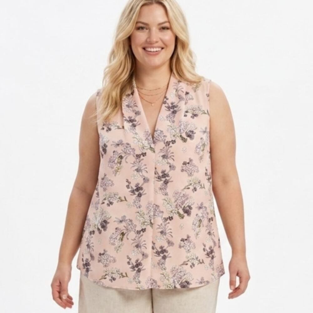 Vince Camuto Pink Floral Tank Womens Size 1X Blush V-Neck Lightweight Top Shell